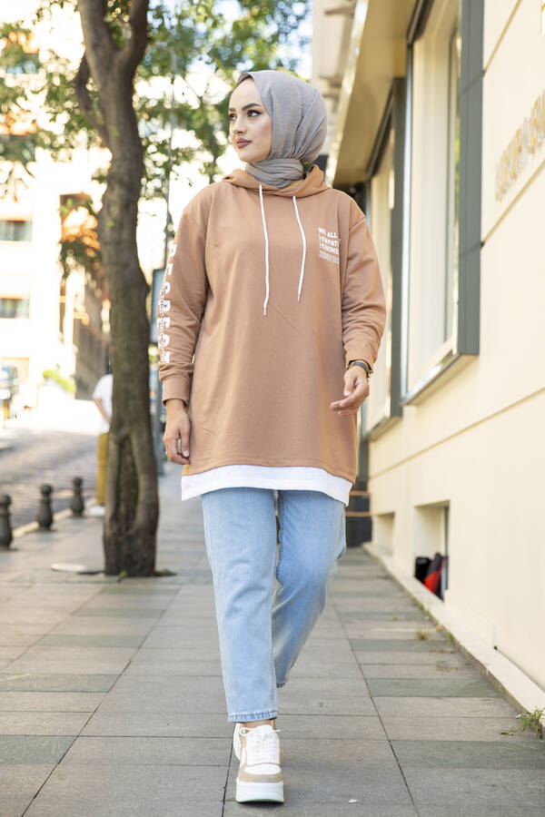 NY - Kapüşonlu Spor Tunik Camel