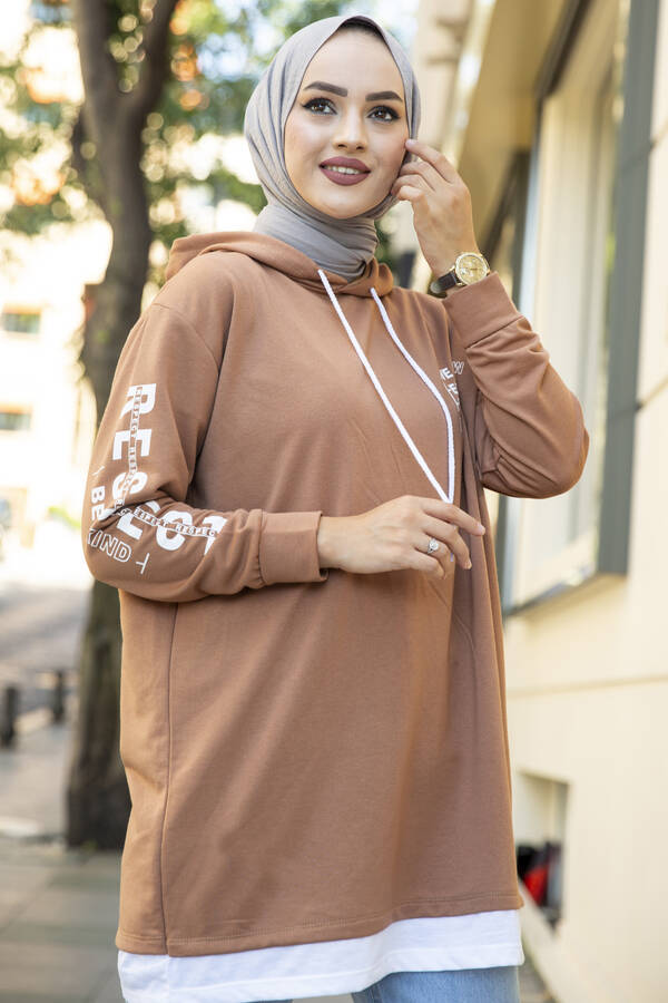 NY - Kapüşonlu Spor Tunik Latte (1)