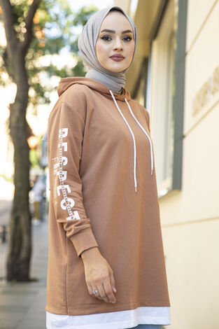 Kapüşonlu Spor Tunik Latte - Thumbnail