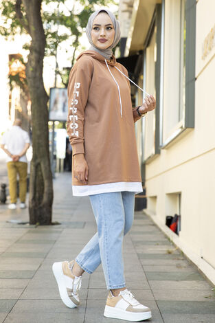 Kapüşonlu Spor Tunik Latte - Thumbnail