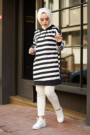 Kapüşonlu Sweat-Tunik 6788-1 Siyah - Thumbnail