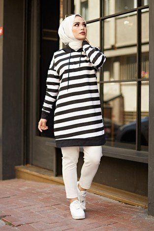 Kapüşonlu Sweat-Tunik 6788-1 Siyah - Thumbnail