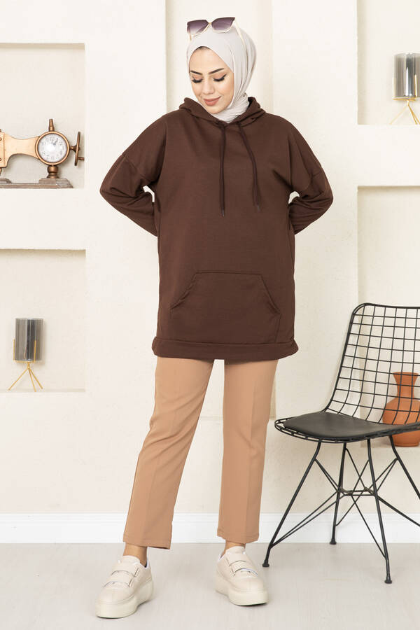NY - Kapüşonlu Tesettür Sweatshirt Kahve