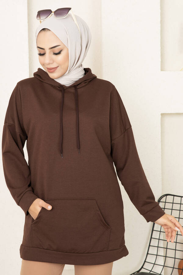 NY - Kapüşonlu Tesettür Sweatshirt Kahve (1)