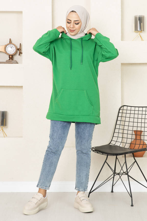Kapüşonlu Tesettür Sweatshirt Yeşil Kapüşonlu Tesettür Sweatshirt Yeşil