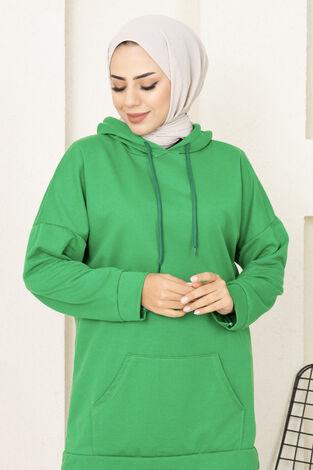 Kapüşonlu Tesettür Sweatshirt Yeşil - Thumbnail