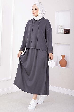 Kapüşonlu Tunik Etek Oyşo Takım Füme - 1