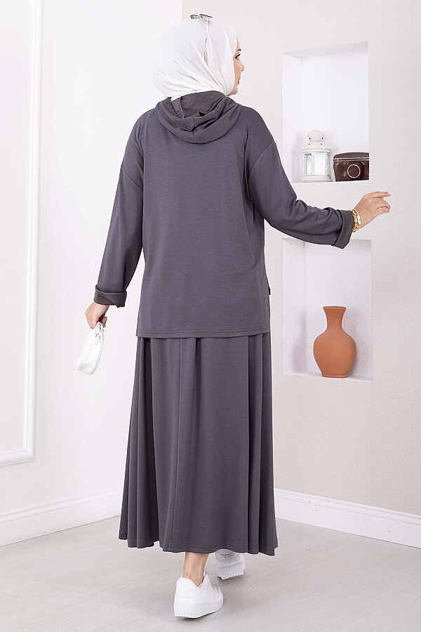 Kapüşonlu Tunik Etek Oyşo Takım Füme - 3