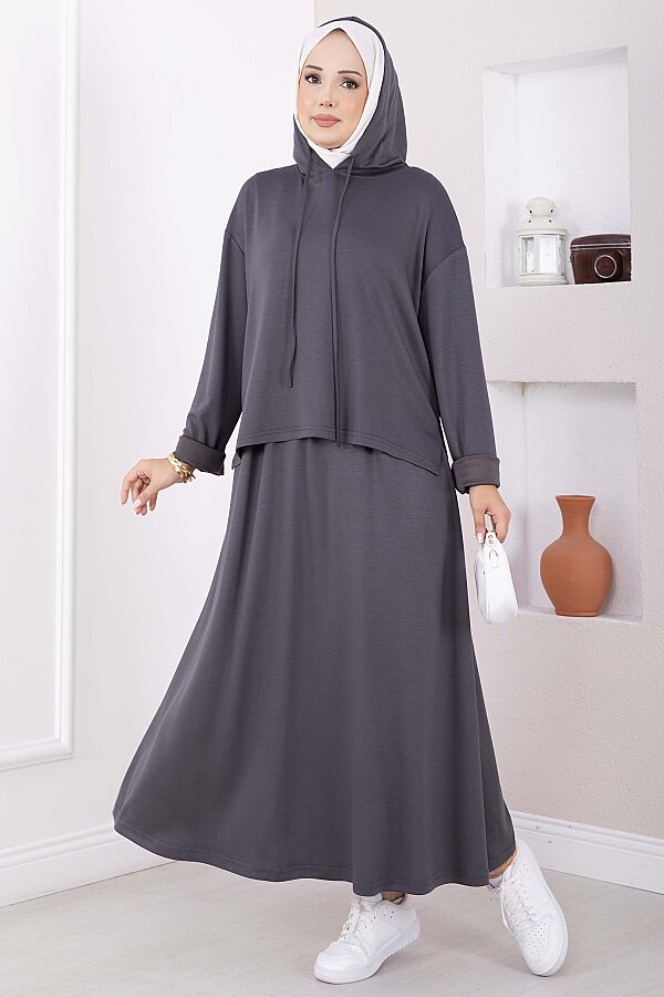 Kapüşonlu Tunik Etek Oyşo Takım Füme - 4