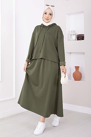 Kapüşonlu Tunik Etek Oyşo Takım Haki - 4