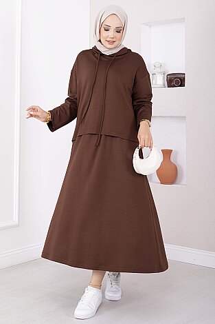 Kapüşonlu Tunik Etek Oyşo Takım Kahve - 3