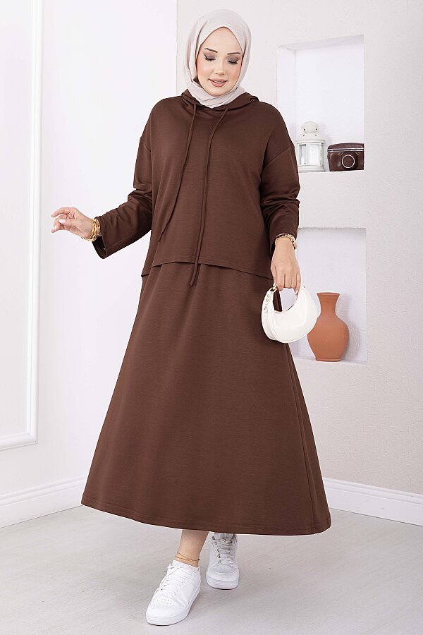 Kapüşonlu Tunik Etek Oyşo Takım Kahve - 3