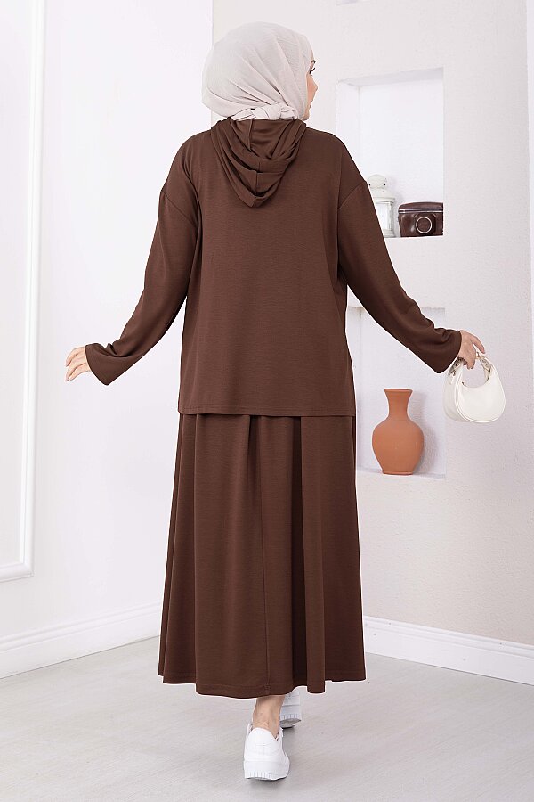 Kapüşonlu Tunik Etek Oyşo Takım Kahve - 5