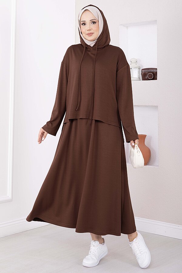Kapüşonlu Tunik Etek Oyşo Takım Kahve - 4