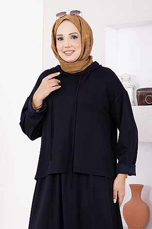 Kapüşonlu Tunik Etek Oyşo Takım Lacivert - 2