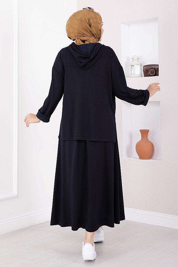 Kapüşonlu Tunik Etek Oyşo Takım Lacivert - 4