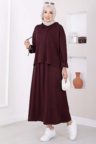 Kapüşonlu Tunik Etek Oyşo Takım Mürdüm