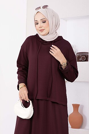 Kapüşonlu Tunik Etek Oyşo Takım Mürdüm - 3