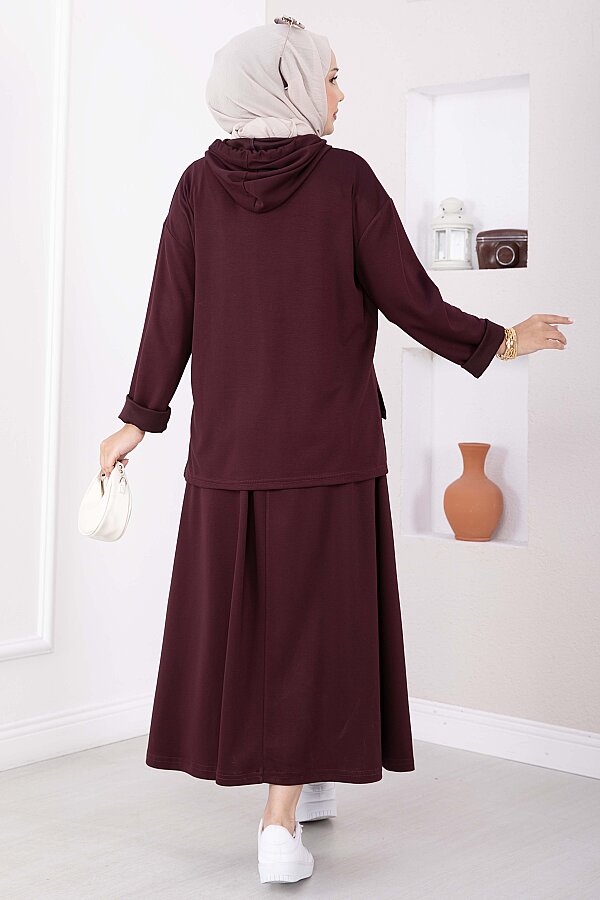Kapüşonlu Tunik Etek Oyşo Takım Mürdüm - 5