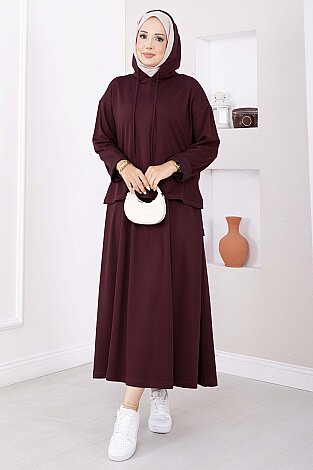 Kapüşonlu Tunik Etek Oyşo Takım Mürdüm - 4