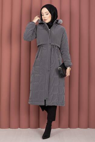 Kapüşonu Kürklü Fermuarlı Nova Kaban Füme - Thumbnail