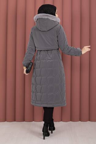 Kapüşonu Kürklü Fermuarlı Nova Kaban Füme - Thumbnail