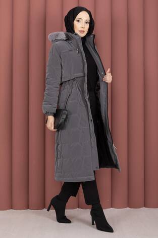 Kapüşonu Kürklü Fermuarlı Nova Kaban Füme - Thumbnail