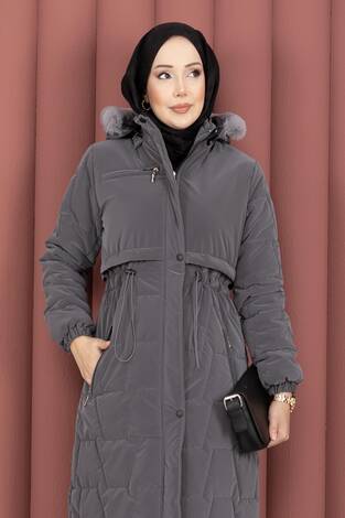 Kapüşonu Kürklü Fermuarlı Nova Kaban Füme - Thumbnail