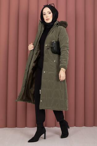 Kapüşonu Kürklü Fermuarlı Nova Kaban Haki