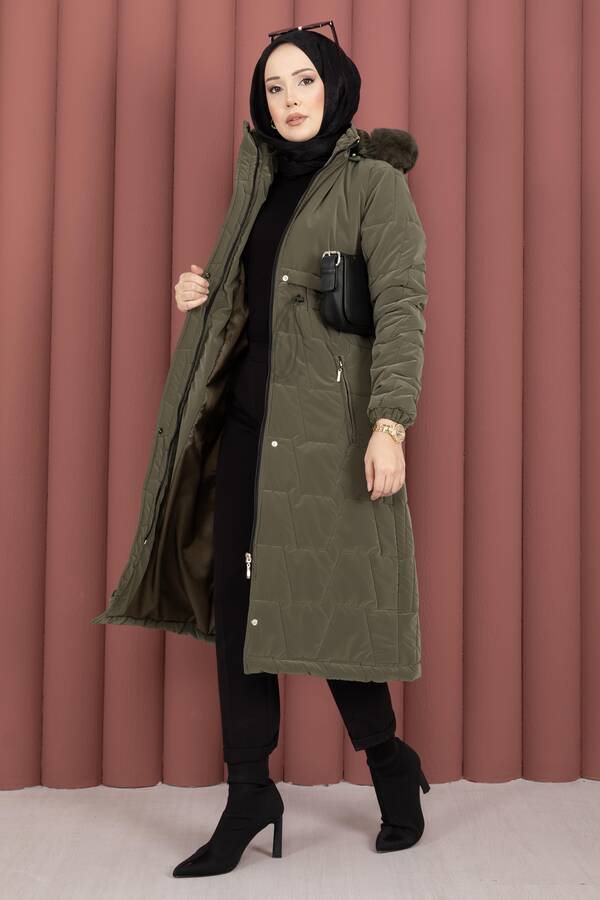 Hsm - Kapüşonu Kürklü Fermuarlı Nova Kaban Haki