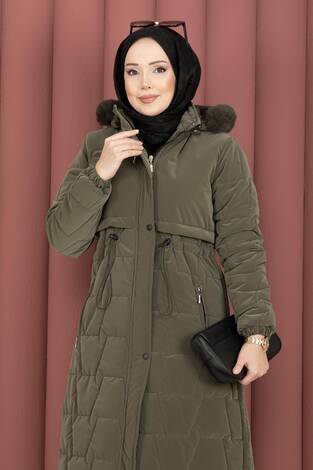 Kapüşonu Kürklü Fermuarlı Nova Kaban Haki - Thumbnail