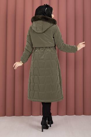 Kapüşonu Kürklü Fermuarlı Nova Kaban Haki - Thumbnail