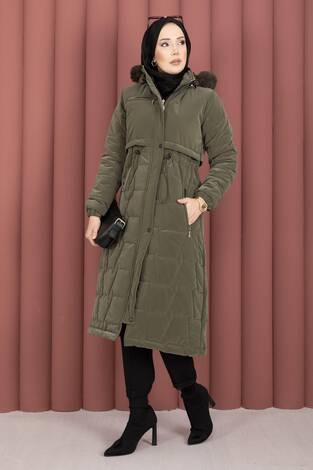 Kapüşonu Kürklü Fermuarlı Nova Kaban Haki - Thumbnail