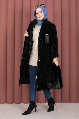 Kapüşonu Kürklü Fermuarlı Nova Kaban Siyah - Thumbnail