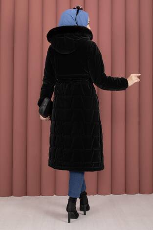 Kapüşonu Kürklü Fermuarlı Nova Kaban Siyah - Thumbnail