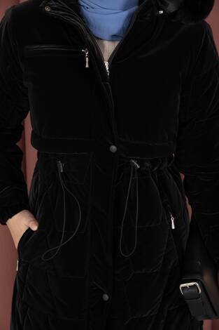 Kapüşonu Kürklü Fermuarlı Nova Kaban Siyah - Thumbnail