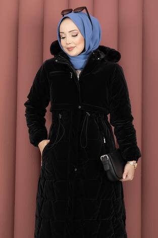 Kapüşonu Kürklü Fermuarlı Nova Kaban Siyah - Thumbnail