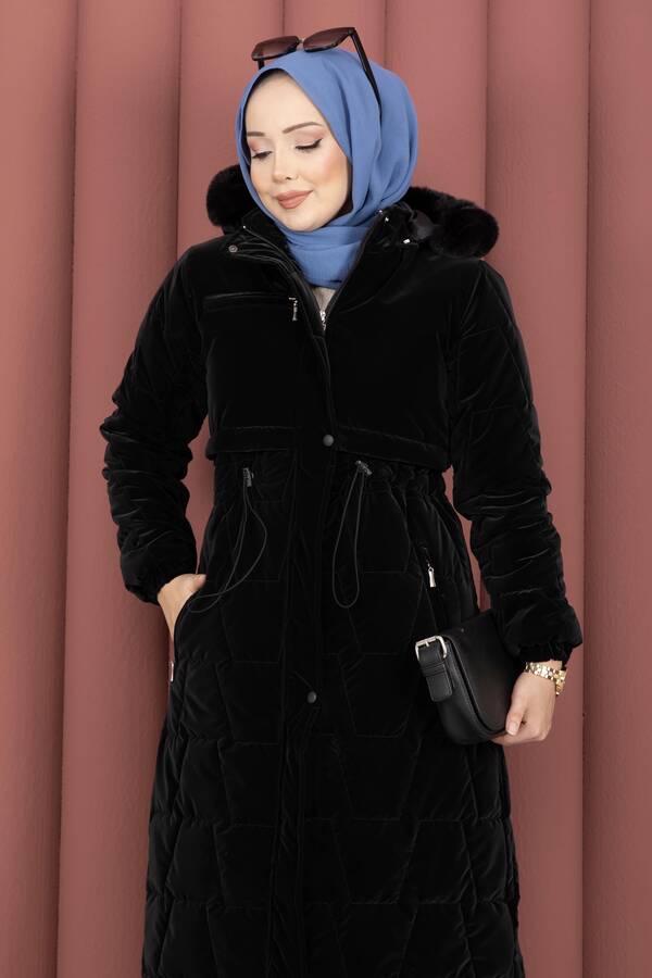 Hsm - Kapüşonu Kürklü Fermuarlı Nova Kaban Siyah (1)