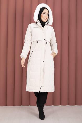 Kapüşonu Kürklü Fermuarlı Nova Kaban Taş - Thumbnail