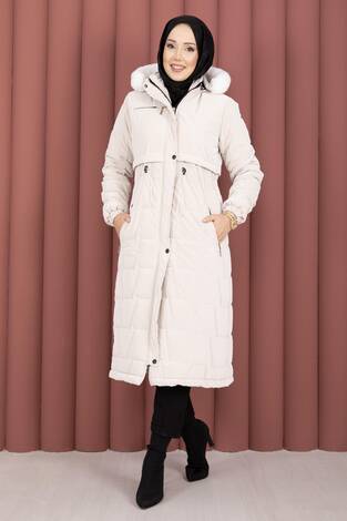 Kapüşonu Kürklü Fermuarlı Nova Kaban Taş - Thumbnail