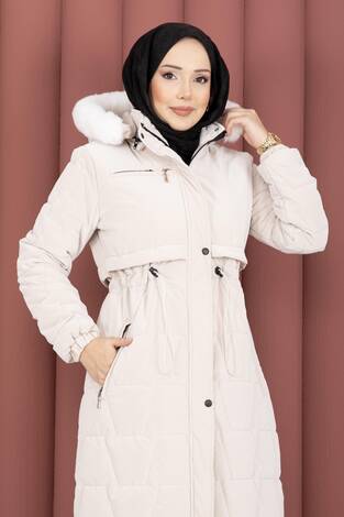 Kapüşonu Kürklü Fermuarlı Nova Kaban Taş - Thumbnail