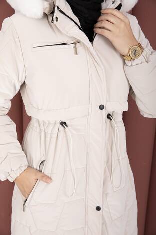 Kapüşonu Kürklü Fermuarlı Nova Kaban Taş - Thumbnail