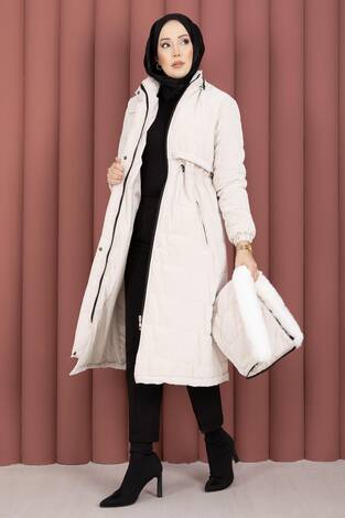 Kapüşonu Kürklü Fermuarlı Nova Kaban Taş - Thumbnail