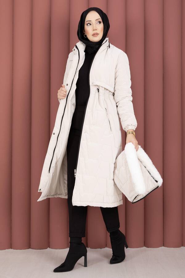 Hsm - Kapüşonu Kürklü Fermuarlı Nova Kaban Taş