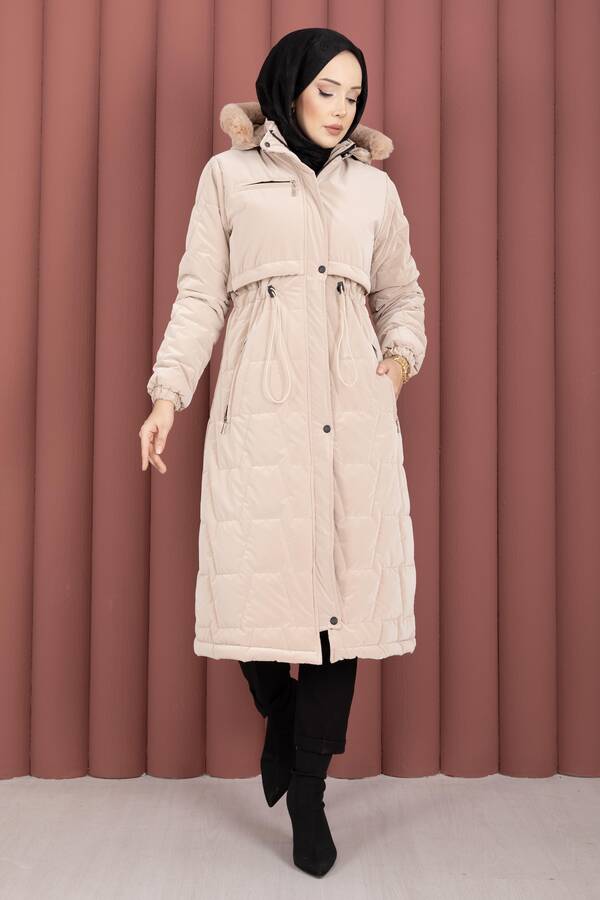 Hsm - Kapüşonu Kürklü Fermuarlı Nova Kaban Vizon