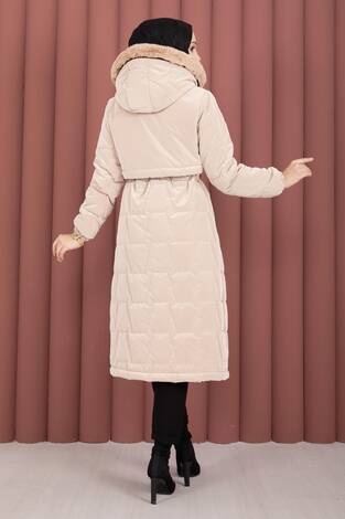 Kapüşonu Kürklü Fermuarlı Nova Kaban Vizon - Thumbnail