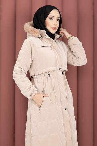 Kapüşonu Kürklü Fermuarlı Nova Kaban Vizon - Thumbnail