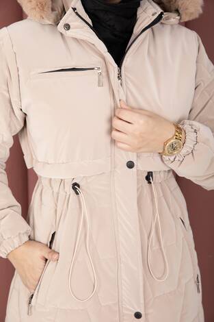 Kapüşonu Kürklü Fermuarlı Nova Kaban Vizon - Thumbnail