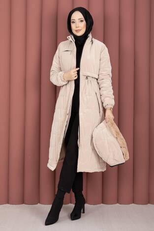 Kapüşonu Kürklü Fermuarlı Nova Kaban Vizon - Thumbnail