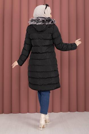 Kapüşonu Kürklü Fermuarlı Şişme Mont Siyah - Thumbnail
